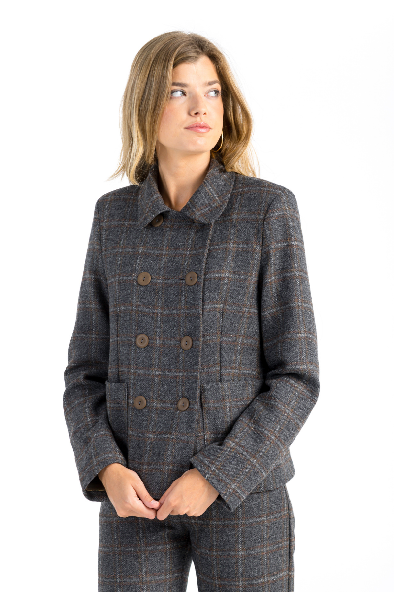 CHAQUETA BOMBIM GRIS CUADRO MARRON