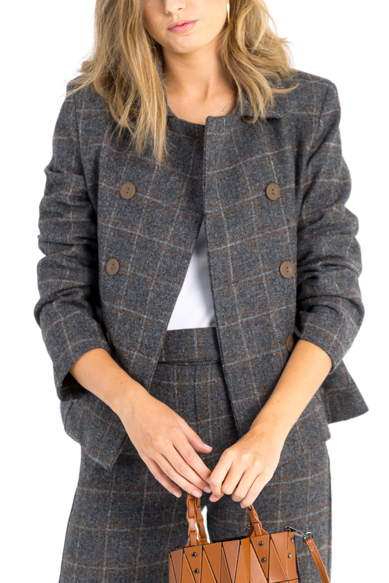 CHAQUETA BOMBIM GRIS CUADRO MARRON