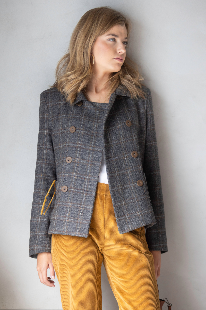 CHAQUETA BOMBIM GRIS CUADRO MARRON