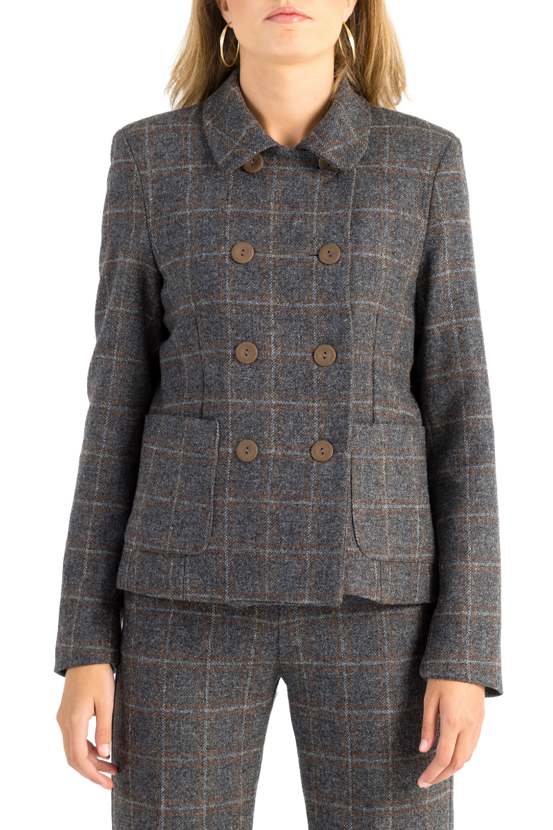CHAQUETA BOMBIN GRIS CUADRO MARRON