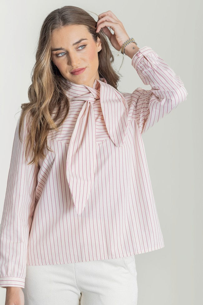 CHEMISE NŒUD ROSE À RAYURES MARON