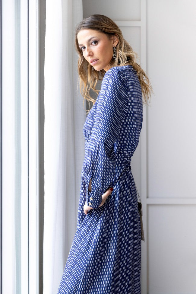 VESTIDO AZUL PINTITAS DORADAS
