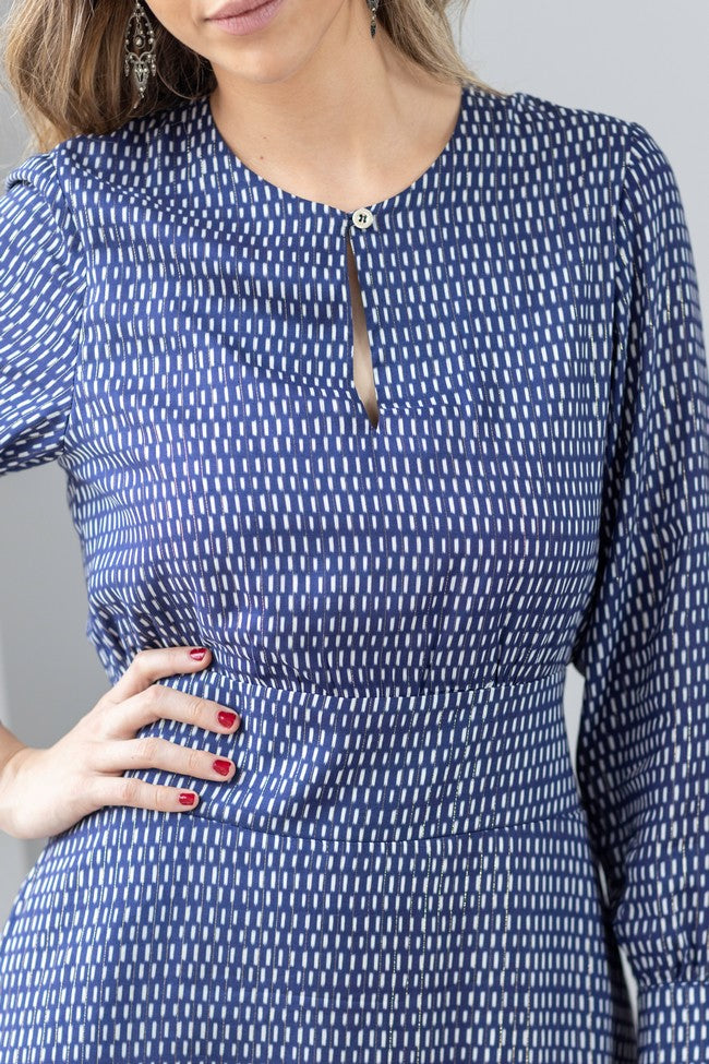 VESTIDO AZUL PINTITAS DORADAS