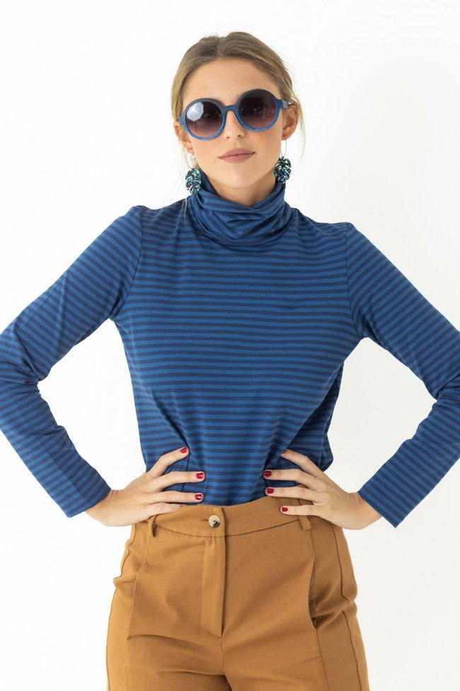 TOP RAYÉ BLEU COL ROULÉ