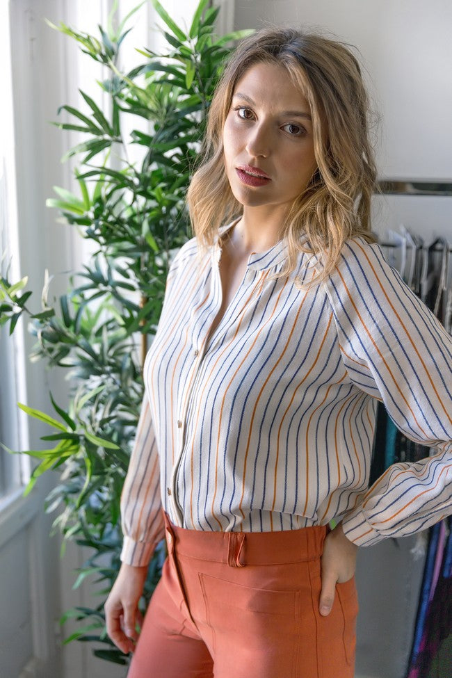 CAMISA RAYAS OCRE Y AZUL