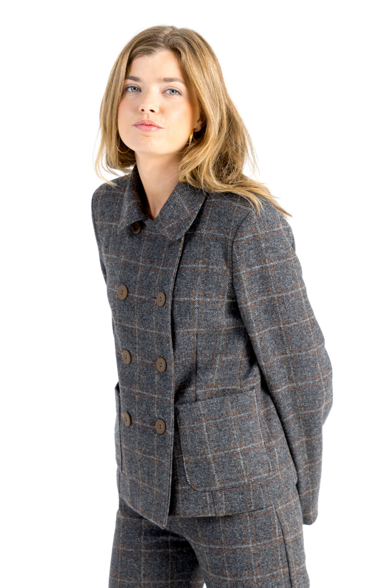 CHAQUETA BOMBIM GRIS CUADRO MARRON