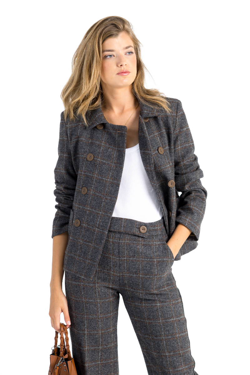 CHAQUETA BOMBIM GRIS CUADRO MARRON