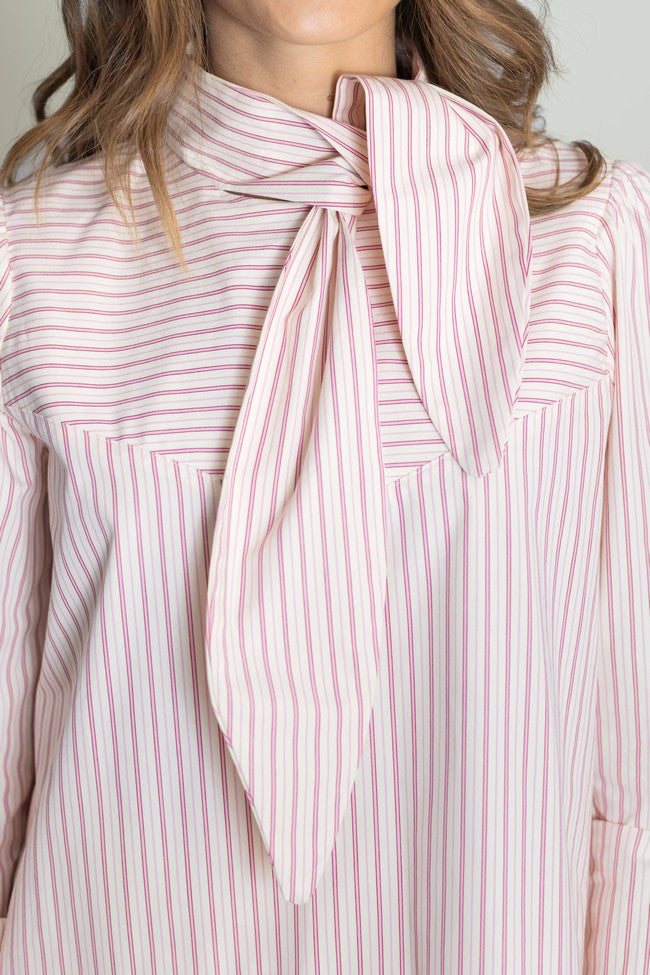 CHEMISE NŒUD ROSE À RAYURES MARON