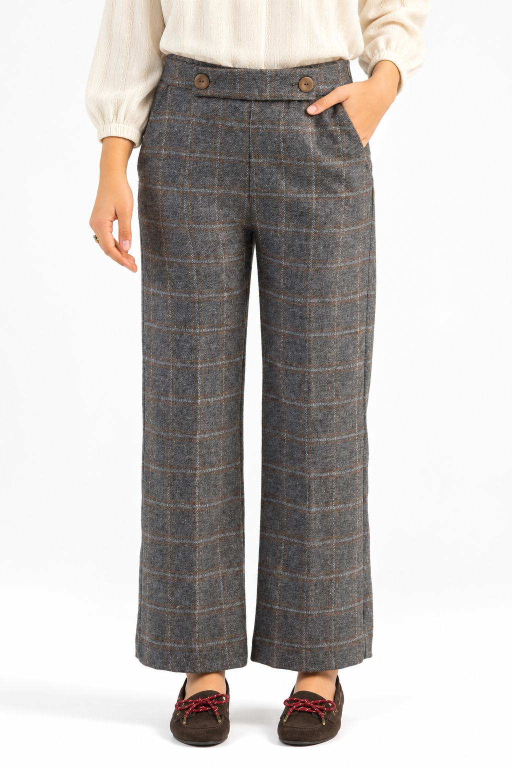 PANTALON GRIS CUADRO MARRON